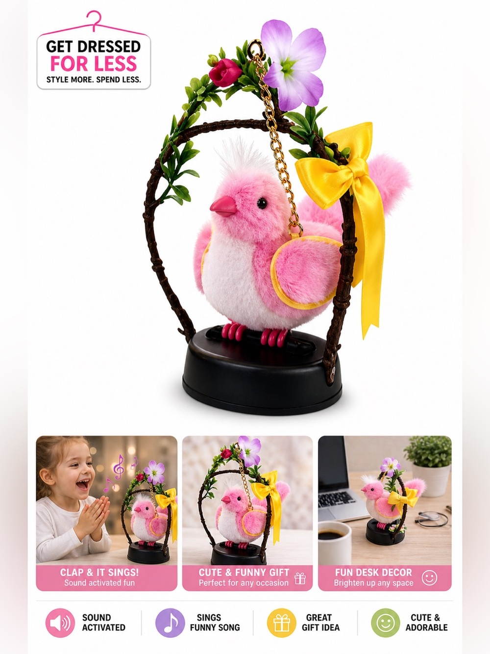 Singing Bird Toy Pink Sound Activated Motion Gift Funny Desk Decor